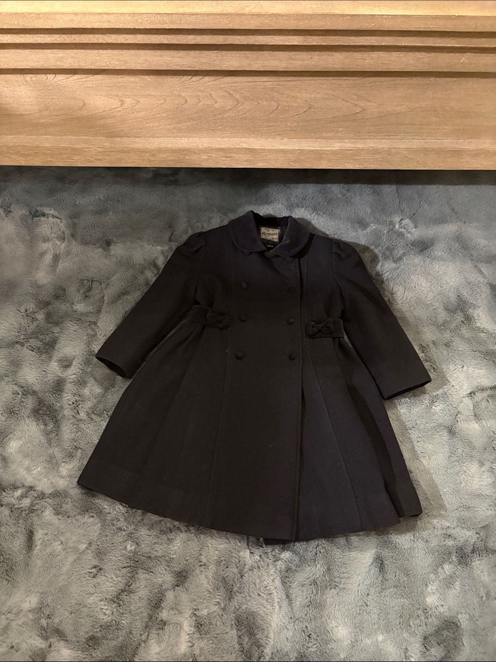 Vintage Original Rothschild Black Double-Breasted Girls Pea Coat with Side Bows